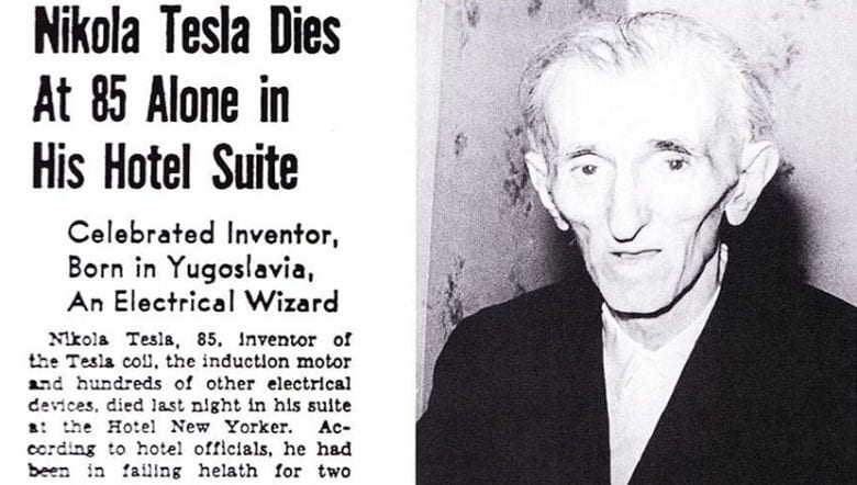 Nicolas Tesla death notice from