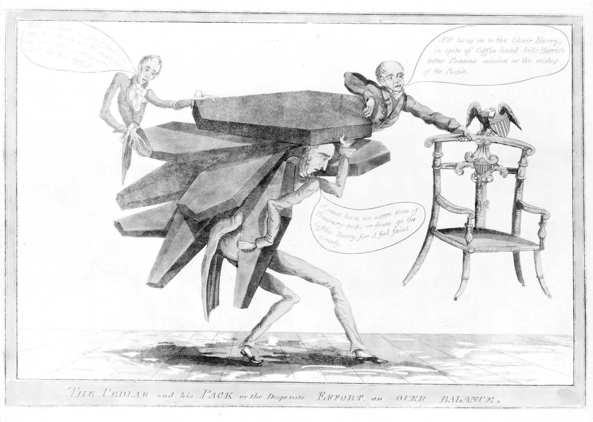 Coffins have long been used as a metaphor for death, whether it be a person, an object, or a politial campgain. This cartoon refers to the infamous Coffin Handbills directed at Andrew Jackson during the 1828 presidential election.